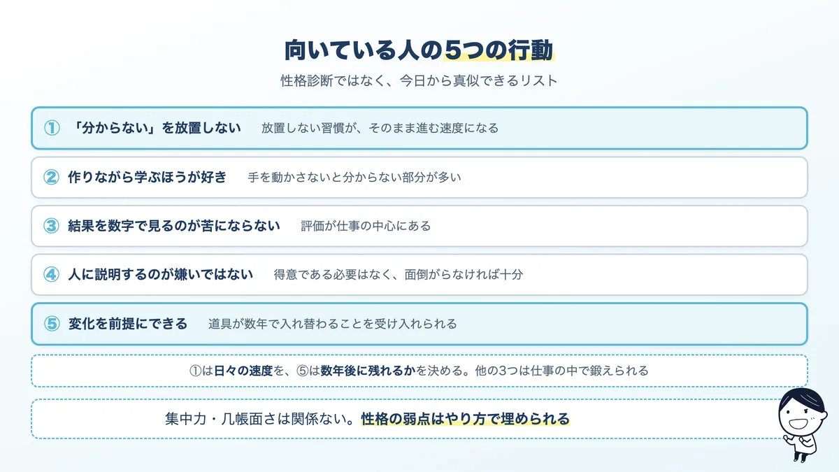 AIエンジニアに向いている人の特徴5つ。分からないを放置しない、作りながら学ぶ、結果を数字で見る、人に説明できる、変化を前提にできる