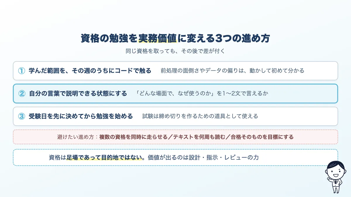 資格の勉強を実務価値に変える3つの進め方。並行して手を動かす、自分の言葉で説明する、受験日を先に決める