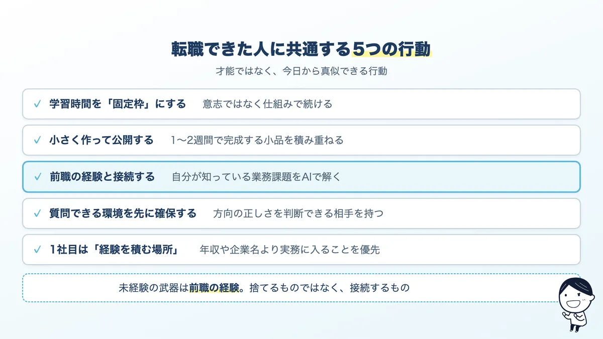 未経験から転職できた人の共通行動5つ:学習時間の固定化、小さく作って公開、前職の経験と接続、質問できる環境、1社目を経験の場と割り切る