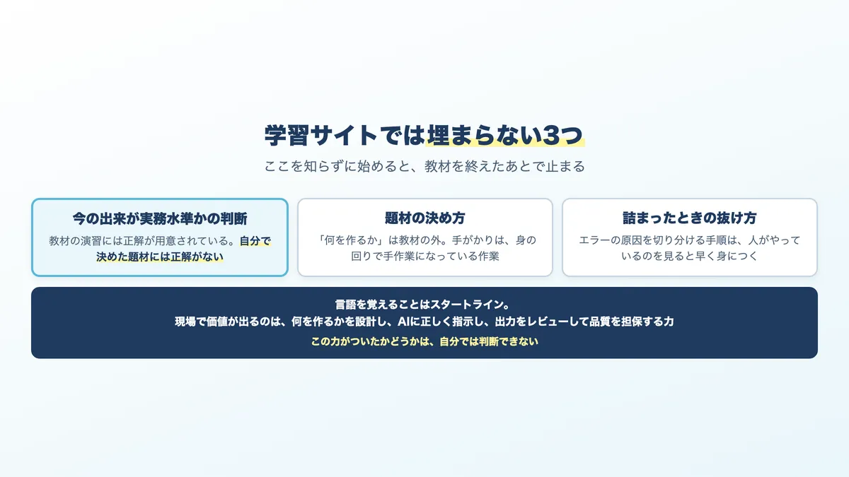 学習サイトだけでは埋まらない3つの部分