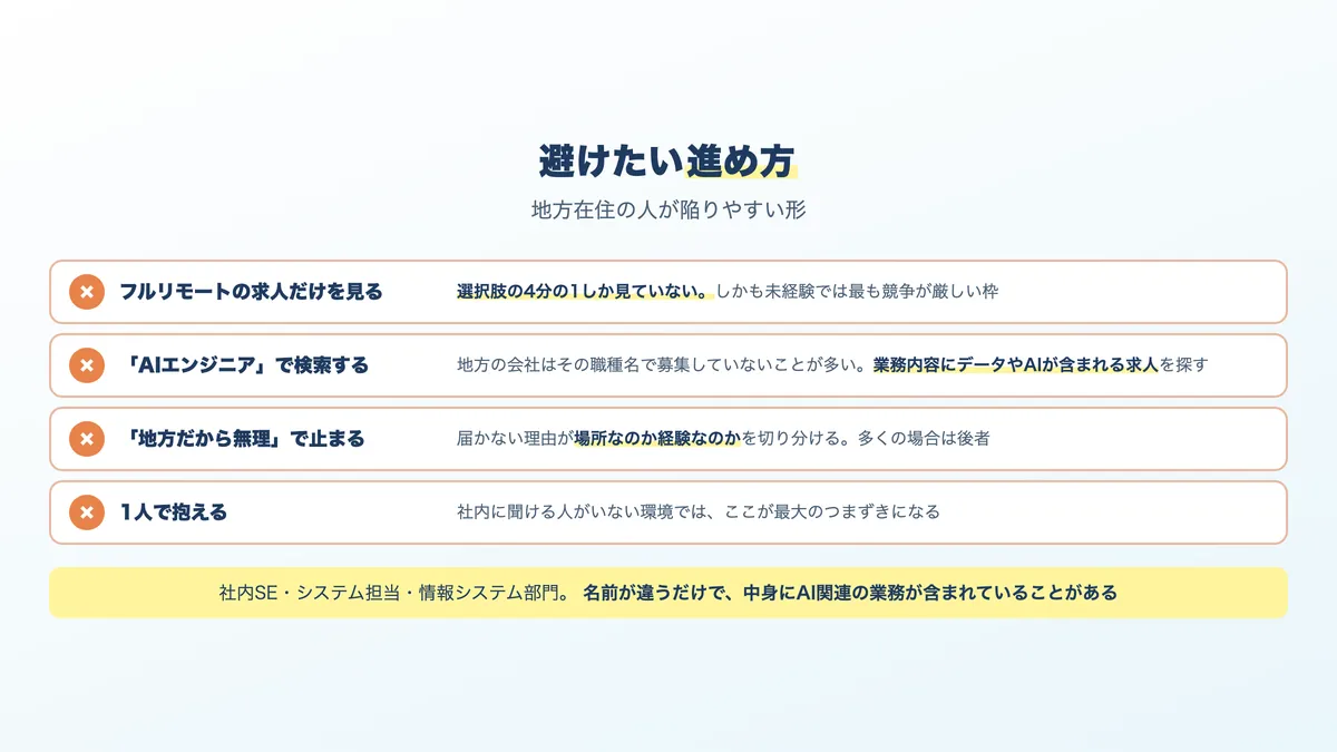 地方在住でAIエンジニアを目指すときに避けたい4つの進め方