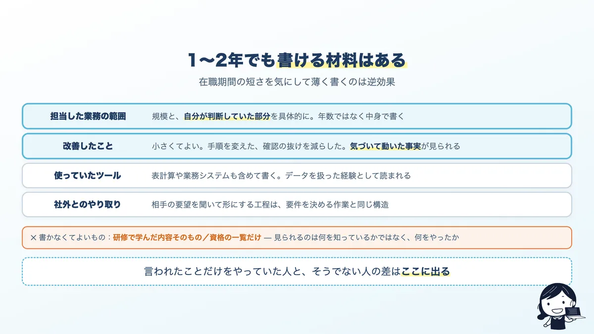 在職1〜2年でも職務経歴書に書ける4つの材料